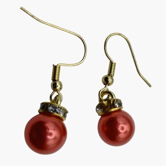 Red Pearl Drop Earrings Christmas Ornament Style - Picture 2 of 10